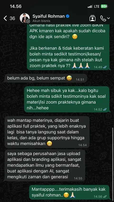 Chat WhatsApp Syaiful Rohman: materinya full praktik membuat aplikasi, bisa bertanya langsung saat kelas, dan ada grup bantuan