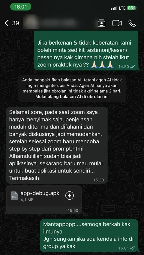 Chat WhatsApp peserta: penjelasannya mudah dipahami, setelah Zoom mencoba langkah dari prompt dan aplikasinya jadi, lalu mengirim file APK