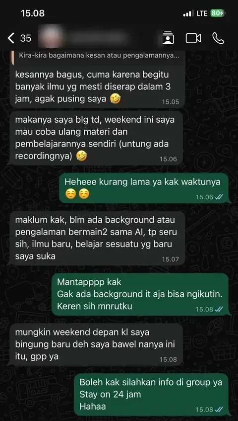 Chat WhatsApp peserta: kesannya bagus walau banyak materi dalam 3 jam, berencana mengulang materinya lewat rekaman