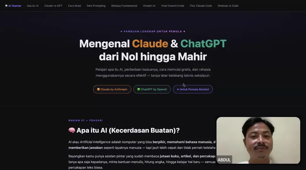 Abdul Rohmat menjelaskan materi Claude dan ChatGPT di kelas Zoom