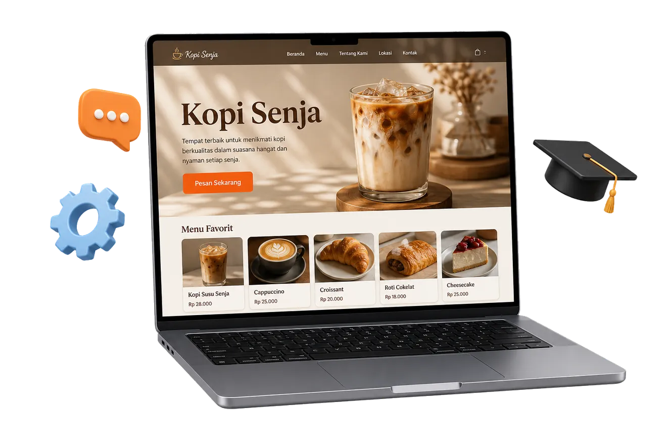 Laptop menampilkan contoh website kedai kopi buatan Career Code Club