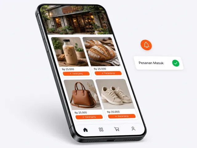 Mockup aplikasi toko online di smartphone dengan notifikasi pesanan masuk