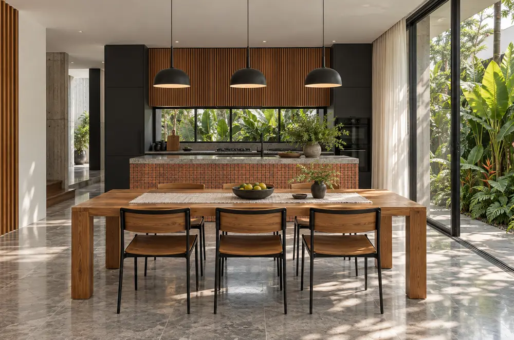 Render fotoreal dapur dan meja makan Rumah Teduh