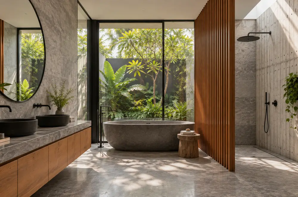 Render fotoreal kamar mandi Rumah Teduh dengan bak batu