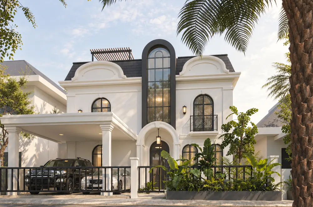 Render fotoreal fasad depan rumah klasik minimalis