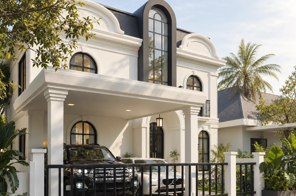 Render fotoreal rumah klasik dari sudut kiri dengan carport