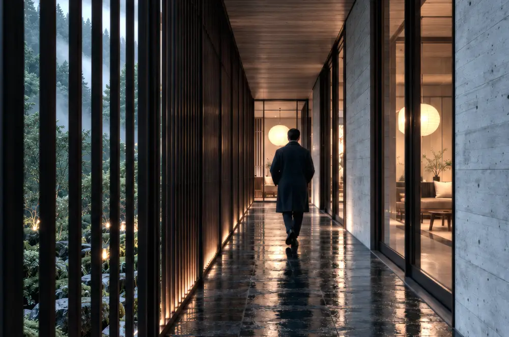 Render fotoreal lorong kayu bergaya Jepang
