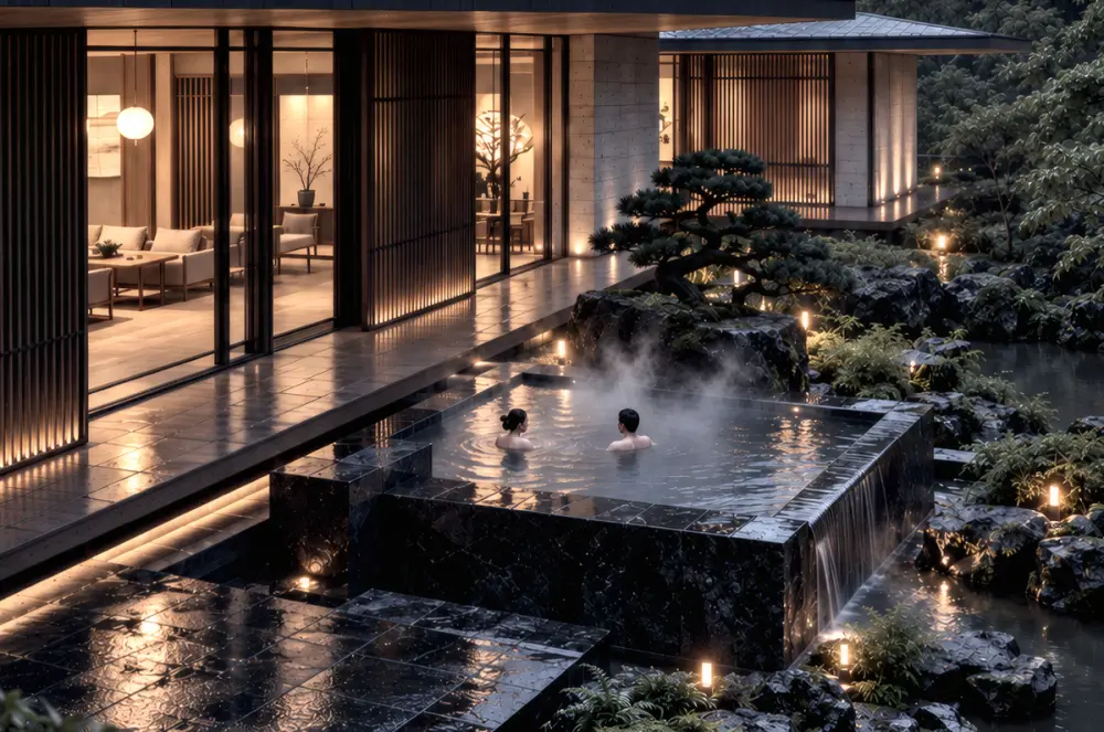 Render fotoreal kolam onsen pada malam hari