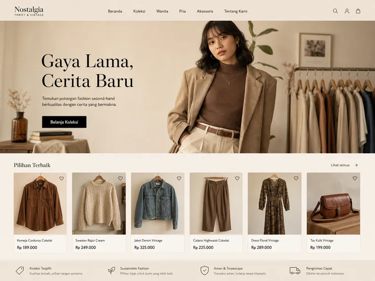 Contoh desain website toko fashion gaya editorial krem
