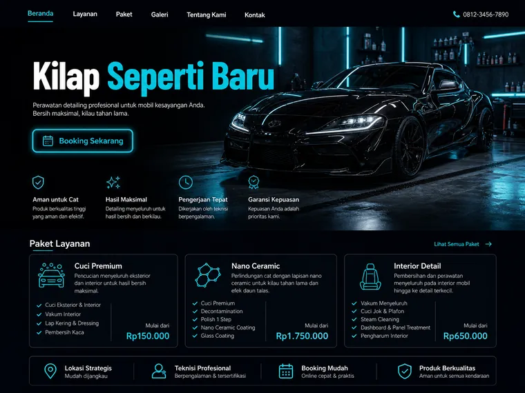 Contoh desain website detailing mobil gaya dark neon