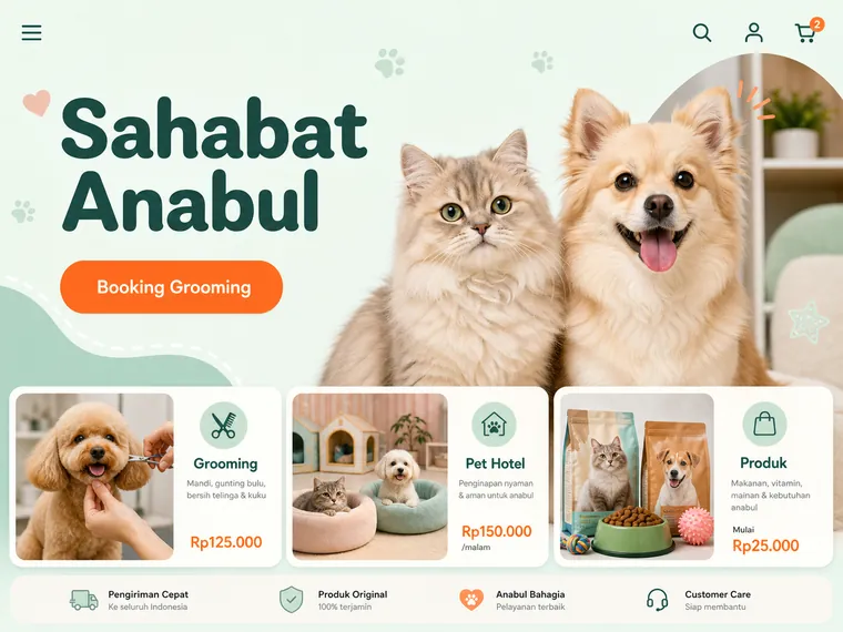 Contoh desain website pet shop gaya playful pastel