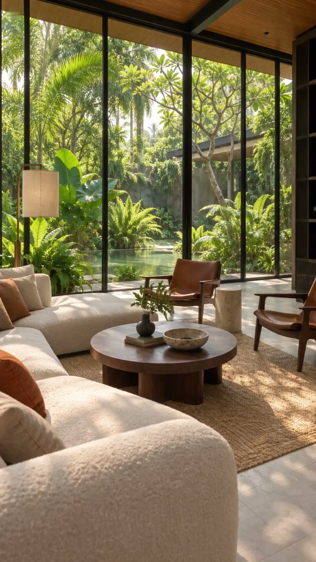 Ruang tamu paviliun dengan sofa putih, meja kayu bundar, dan dinding kaca ke taman