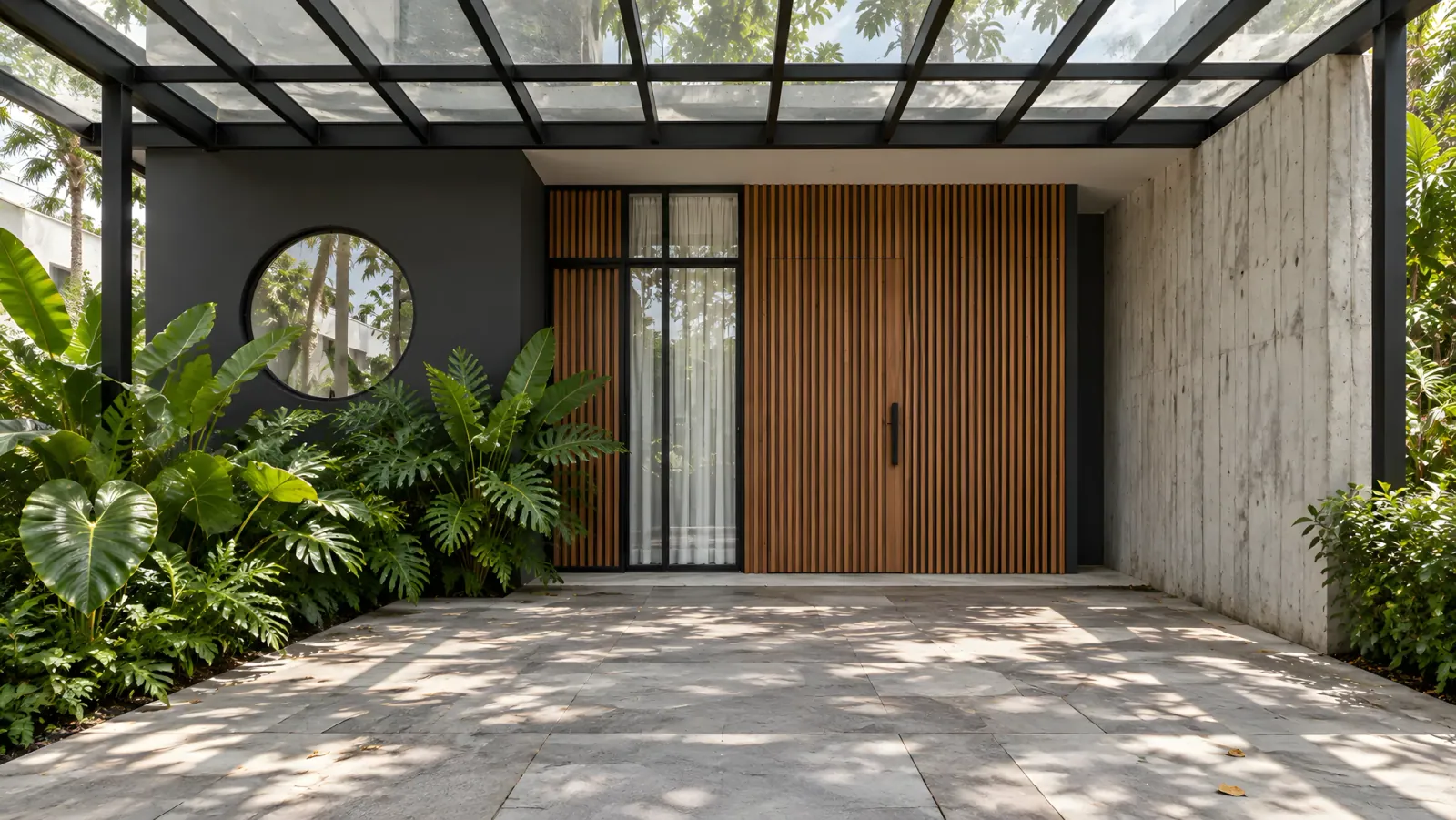 Carport dengan kanopi kaca, pintu kayu bilah, dan tanaman tropis