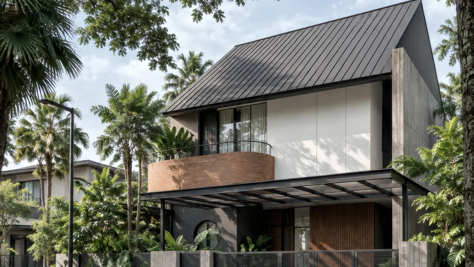 Teduh House dari sudut jalan pada siang hari, langit pucat berkabut tipis dan bayangan daun yang lembut